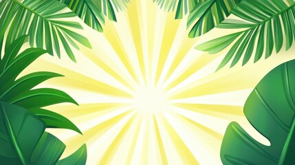 Tropical Sunburst With Lush Green Palm Leaves