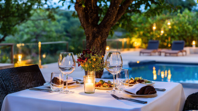 Elegant dining setup on private villa terrace with candlelight ambiance, overlooking pool