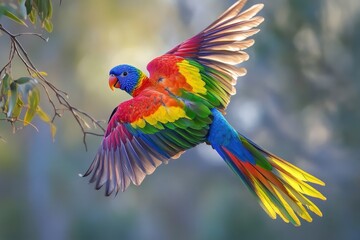 Obraz premium Rainbow Lorikeet in Flight Vibrant Bird on Tree Branch