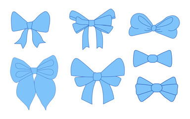 Set of blue bows. Bowknots for hair decor. Trendy girls hair braiding accessories
