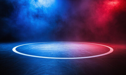 mock up ring place with red and blue lights and smoke