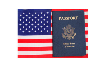 US passport with US flag in the background