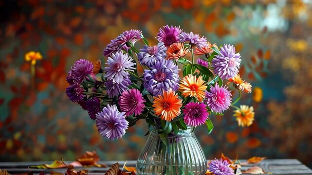 Bouquets of asters in a vase, colorful autumn flowers, wooden table, rustic charm