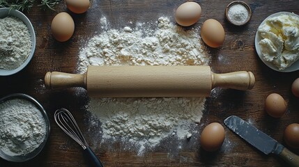 Rustic baking scene flour, eggs, rolling pin, butter