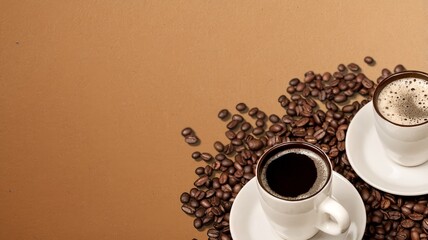 Cup of tasty hot coffee and coffee beans on desk