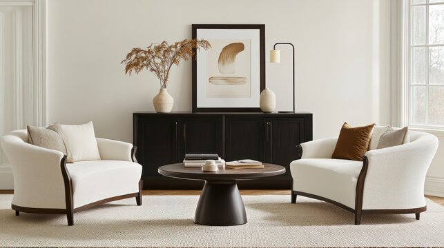 Elegant Living Room Interior with Cream Chairs and Modern Decor