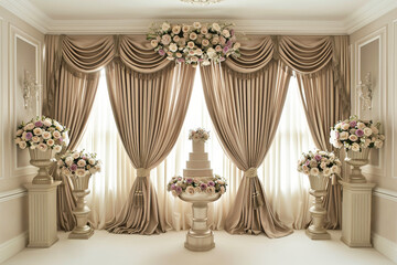 Luxurious beige curtains with gathered pleats and intricate floral arrangements for elegant decor
