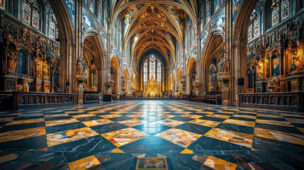 Obraz premium Stunning interior of Westminster Abbey in London showcasing ancient architecture art with magnificent arches and an elegant altar capturing the essence of history and beauty.