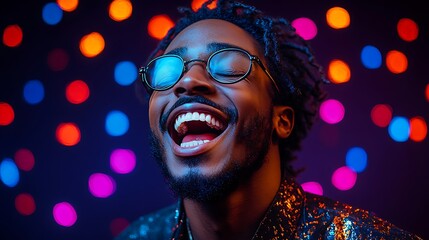 Happy Person in Festive Jacket Smiling Against Colorful Backgrounds In Studio Setting 