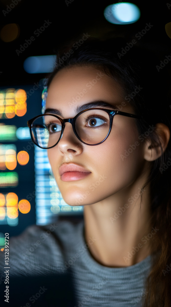 Poster young female programmer wearing eyeglasses concentrating on her work on a computer in a dark office 