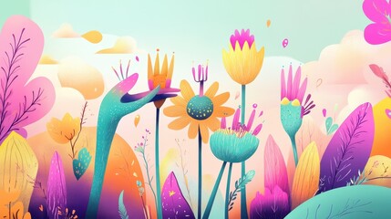 An abstract depiction of colorful flowers and whimsical foliage