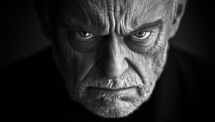 Close Up Black And White Portrait Of An Angry Elderly Man