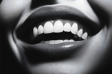 Naklejka premium Close Up Black And White Portrait Of A Wide Smiling Mouth Showing Bright White Teeth With Healthy