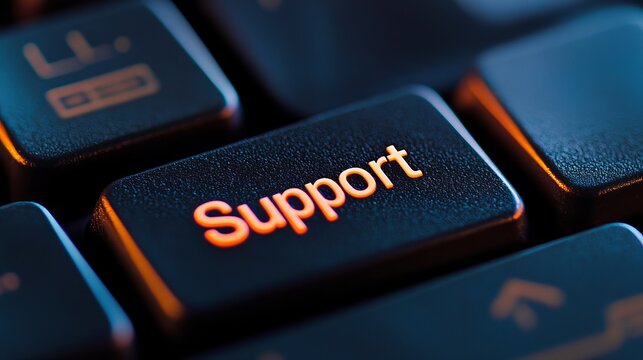 Illuminated Support Key on Dark Keyboard Closeup Technology Digital Assistance Online Help Computer Button Macro Photography Detailed Image           