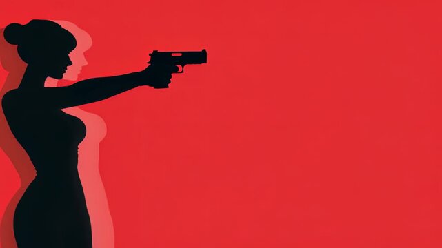 Intriguing image of a seductive criminal woman with a gun in silhouette against a red background.