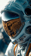 Close-up of an astronaut helmet with a detailed reflection of a cratered lunar surface, symbolizing space exploration and adventure.