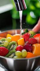 A bowl of fresh strawberries, kiwis, grapes and oranges being washed under the kitchen tap with drops of clean water.