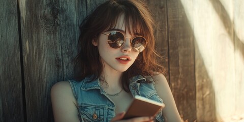 Fototapeta premium A woman in sunglasses leans against a wooden wall with a phone