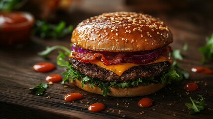 delicious hamburger on a wooden background with flying drops of sauce and peaces of bacon