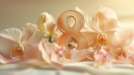 A stunning floral composition featuring soft pink orchids gently framing a golden number eight, bathed in dreamy light and bokeh, symbolizing grace and Women's Day celebration