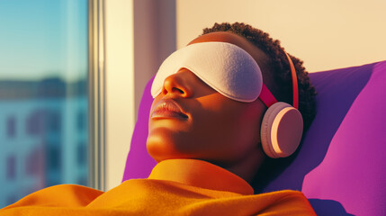 Woman in Ketamine Therapy Session with Eye Mask and Headphones