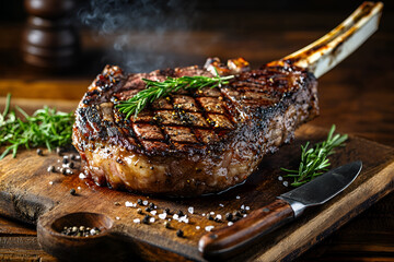 Grilled beef steak Tomahawk with rosemary and spices on a wooden board close-up, side view.