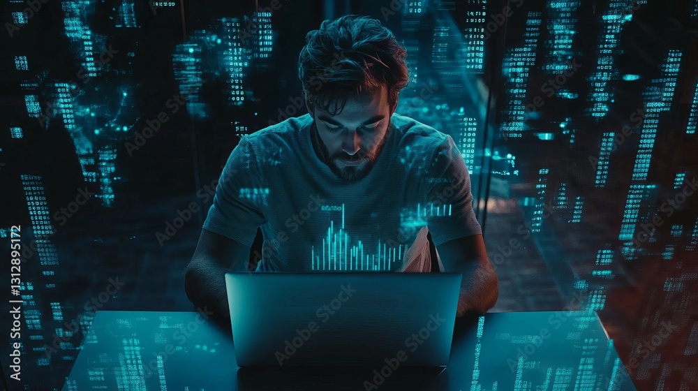 Poster cybersecurity expert working late analyzing data streams digital technology modern programmer intens