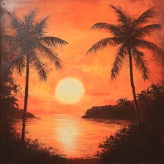 Tropical sunset background, warm golden hues blending into deep orange and pink, silhouette of palm trees, serene and peaceful, ultra-realistic and vivid
