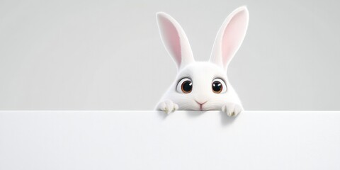 Cute rabbit peeking over a white wall, with only its ears, eyes, and paws visible, showing a playful and mischievous expression.