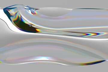 Abstract 3D illustration featuring a fluid, transparent surface with rainbow iridescence. The smooth, wavy forms create a futuristic, dynamic aesthetic against a neutral background.