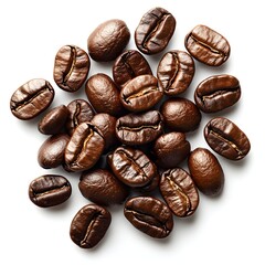 Obraz premium Roasted Coffee Beans: A close-up overhead shot showcases a collection of rich, roasted coffee beans, each bearing unique textures and subtle variations in shade.