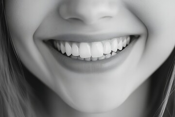 Obraz premium Closeup Monochrome Portrait Of A Young Person Smiling, Showing Healthy Teeth In White Color. 