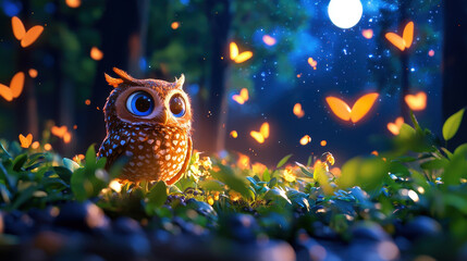 charming owl surrounded by glowing butterflies in magical forest