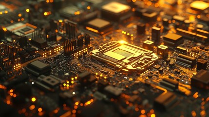 Golden Computer Motherboard Closeup Detailed Technology Circuitry Advanced Digital Hardware Modern Electronic Components Powerful Processor Integrated