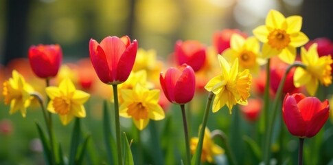 Obraz premium Vibrant tulips, daffodils bloom in spring garden , colorful, background, sunlight