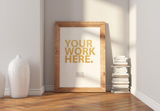 Vertical art poster frame mockup standing on the floor