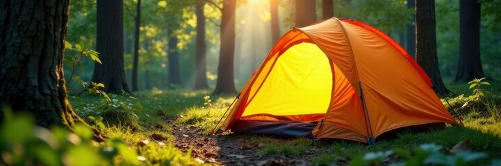 Compact dome tent pitched on forest floor, sunlight dappling through leaves , light, backpacking