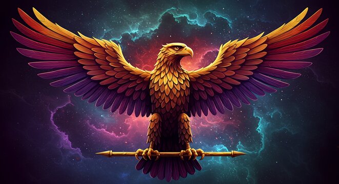 Eagle Spreading Wings with Colorful Galactic Background and Spear