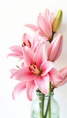 Fototapeta premium Elegant pink lily bouquet, pristine white background Ideal for cards , greeting card, stem, design element