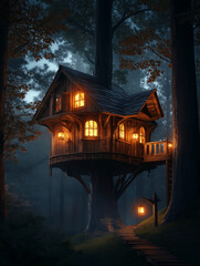 Gemütliches Baumhaus leuchtet sanft in der Dämmerung im Wald

