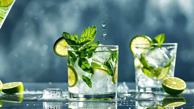 Refreshing mojito cocktail with lime and mint served in ice-filled glasses on a summer day
