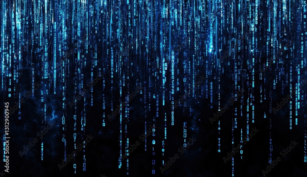 Poster a futuristic digital rain concept with vertical lines of glowing binary code on a dark background ce
