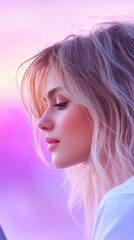 Fototapeta premium Blonde woman's profile bathed in soft purple sunset glow, highlighting delicate facial features with tranquil, ethereal radiance
