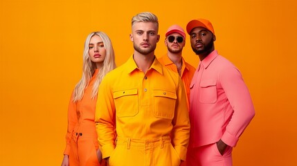 Four young adults in vibrant orange and pink outfits pose against a bold yellow backdrop. A blend of colors and confident style.