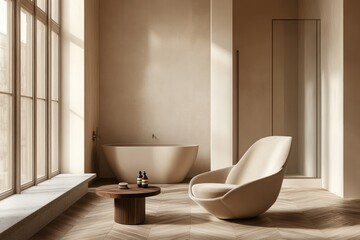 Modern beige spa bathroom with tub, chair, and coffee table, sunlight streaming in