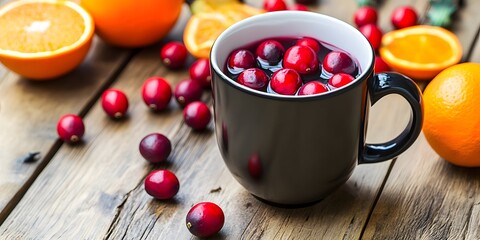 Warm Cranberry Drink in Black Mug with Oranges on Wooden Table