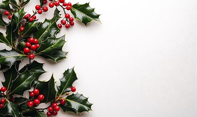Fototapeta premium Festive Holly Branches with Red Berries on White Background