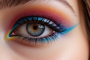 Obraz premium A Stunning Close-Up of a Young Female with Striking Makeup: Colorful Eyeshadow Featuring Vibrant Blues, Yellows, and Pinks, Accentuating Her Beautiful Almond-Shaped Eye