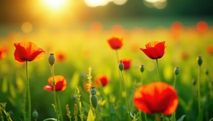 Fototapeta premium Sun-drenched meadow, vibrant red poppies bloom amidst lush green grass, green grass, rural