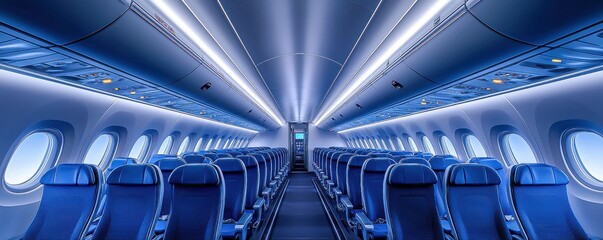Obraz premium Empty seats in a passenger aircraft interior showcasing a spacious cabin of a jet designed for comfortable flight transport within an aeroplane environment.